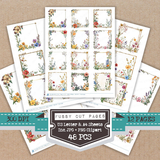 Pressed Flower Frame fussy cut printable sheets for junk journaling, scrapbooking, and paper craft projects
