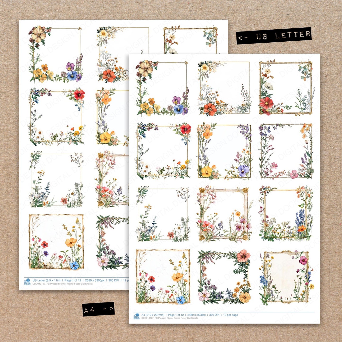 A4 and US Letter format comparison showing Pressed Flower Frame fussy cut pages for print and cut crafting