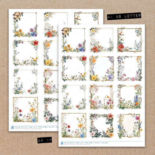 A4 and US Letter format comparison showing Pressed Flower Frame fussy cut pages for print and cut crafting