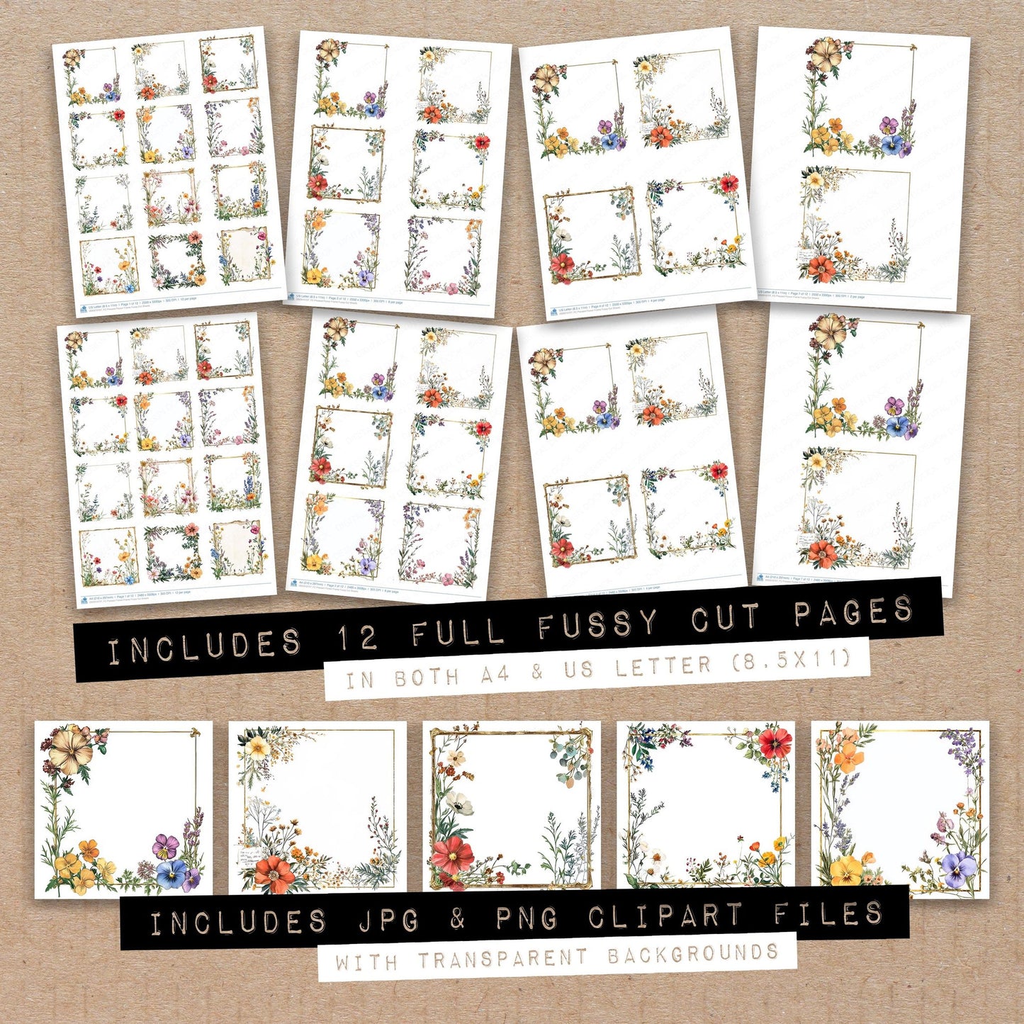 Full collection view of Pressed Flower Frame fussy cut sheets with bonus clipart JPG and PNG files