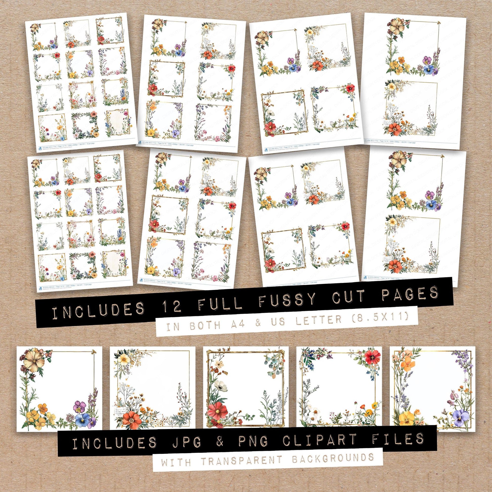 Full collection view of Pressed Flower Frame fussy cut sheets with bonus clipart JPG and PNG files