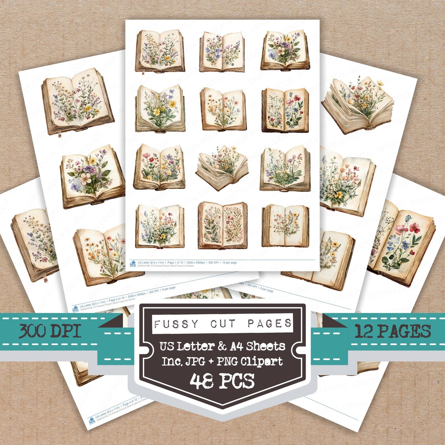 Pressed Flowers Book fussy cut printable sheets for junk journaling, scrapbooking, and paper craft projects