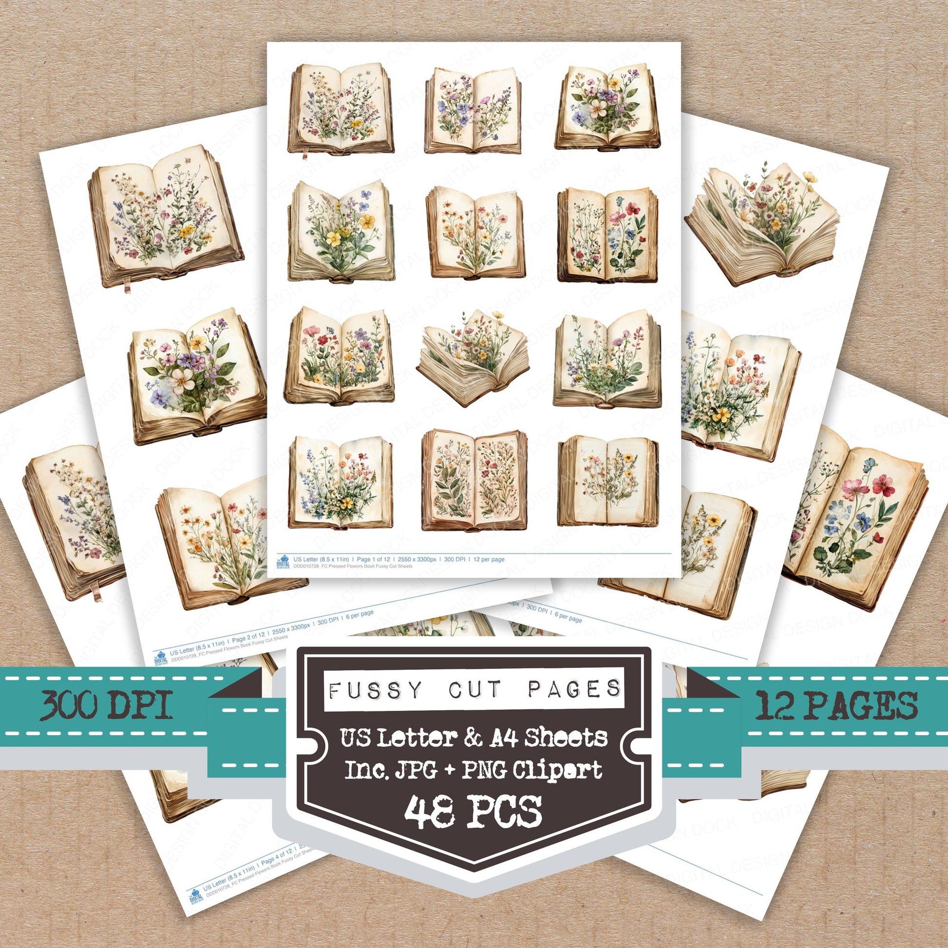 Pressed Flowers Book fussy cut printable sheets for junk journaling, scrapbooking, and paper craft projects