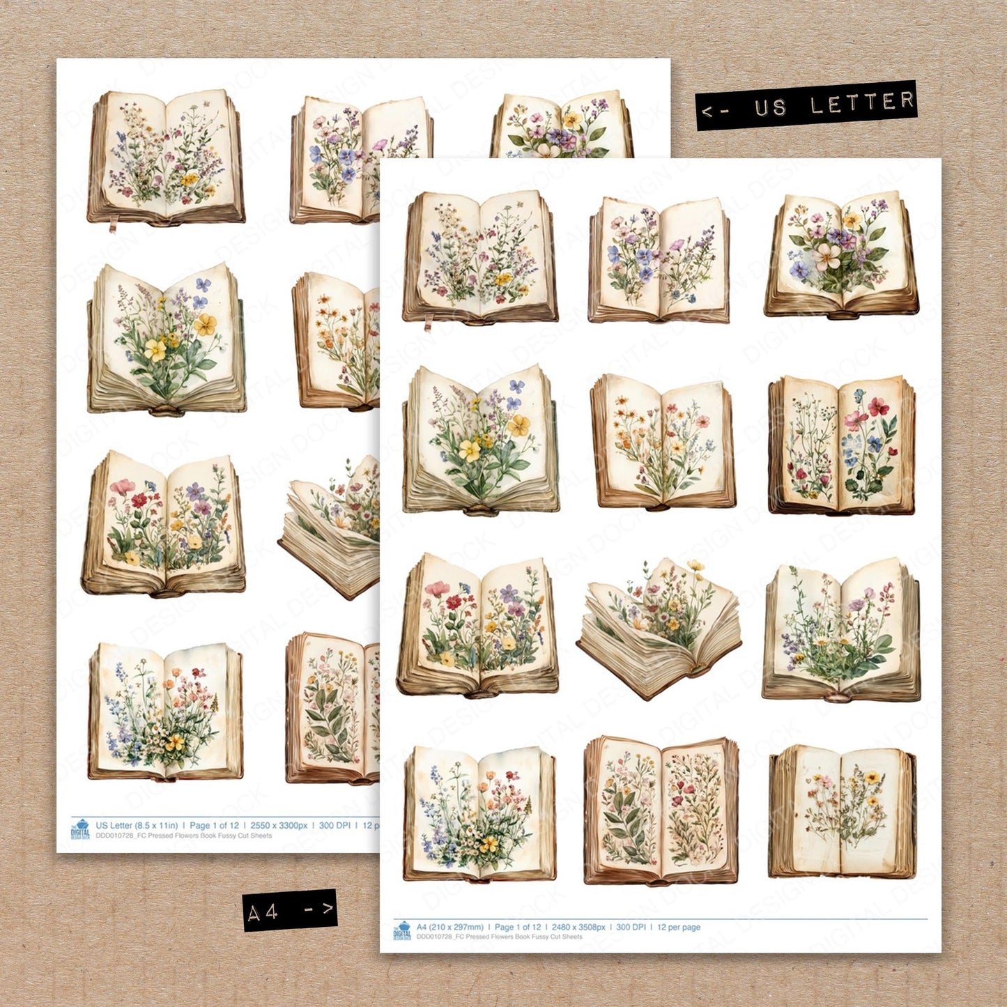 A4 and US Letter format comparison showing Pressed Flowers Book fussy cut pages for print and cut crafting