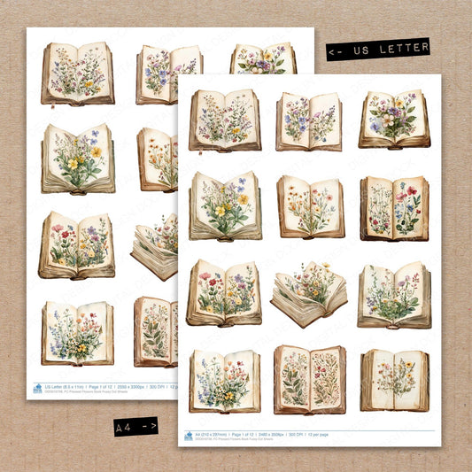 A4 and US Letter format comparison showing Pressed Flowers Book fussy cut pages for print and cut crafting