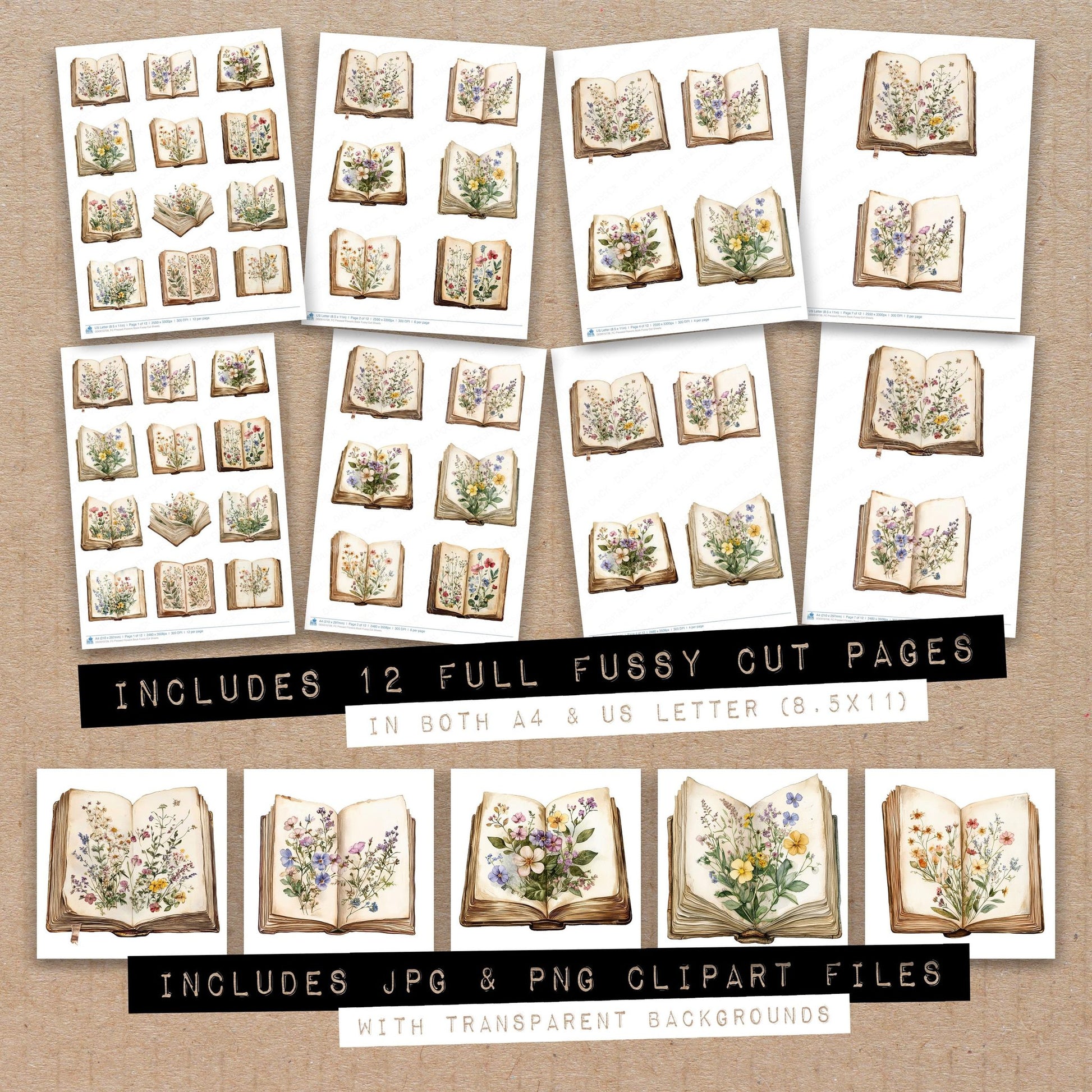 Full collection view of Pressed Flowers Book fussy cut sheets with bonus clipart JPG and PNG files