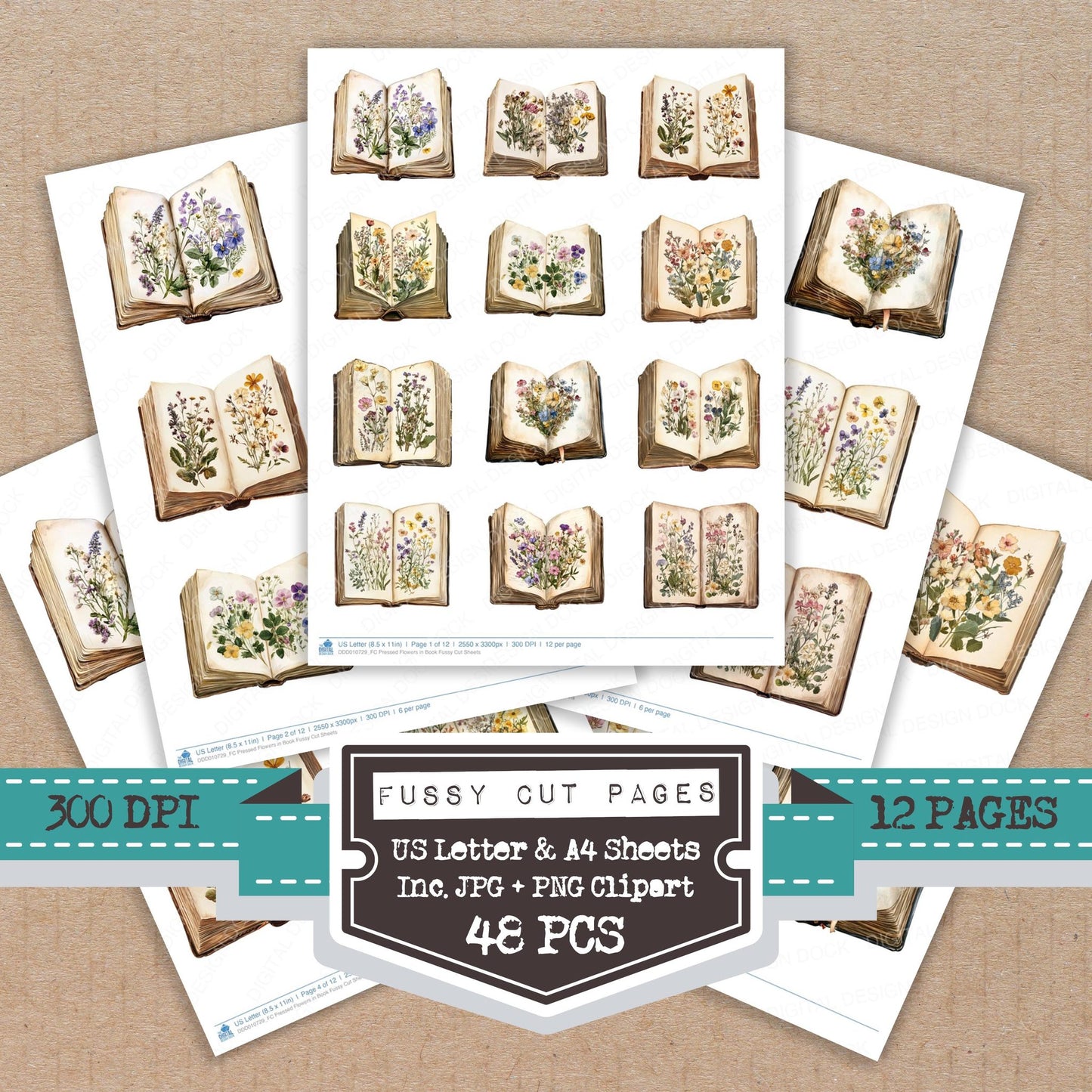 Pressed Flowers in Book fussy cut printable sheets for junk journaling, scrapbooking, and paper craft projects