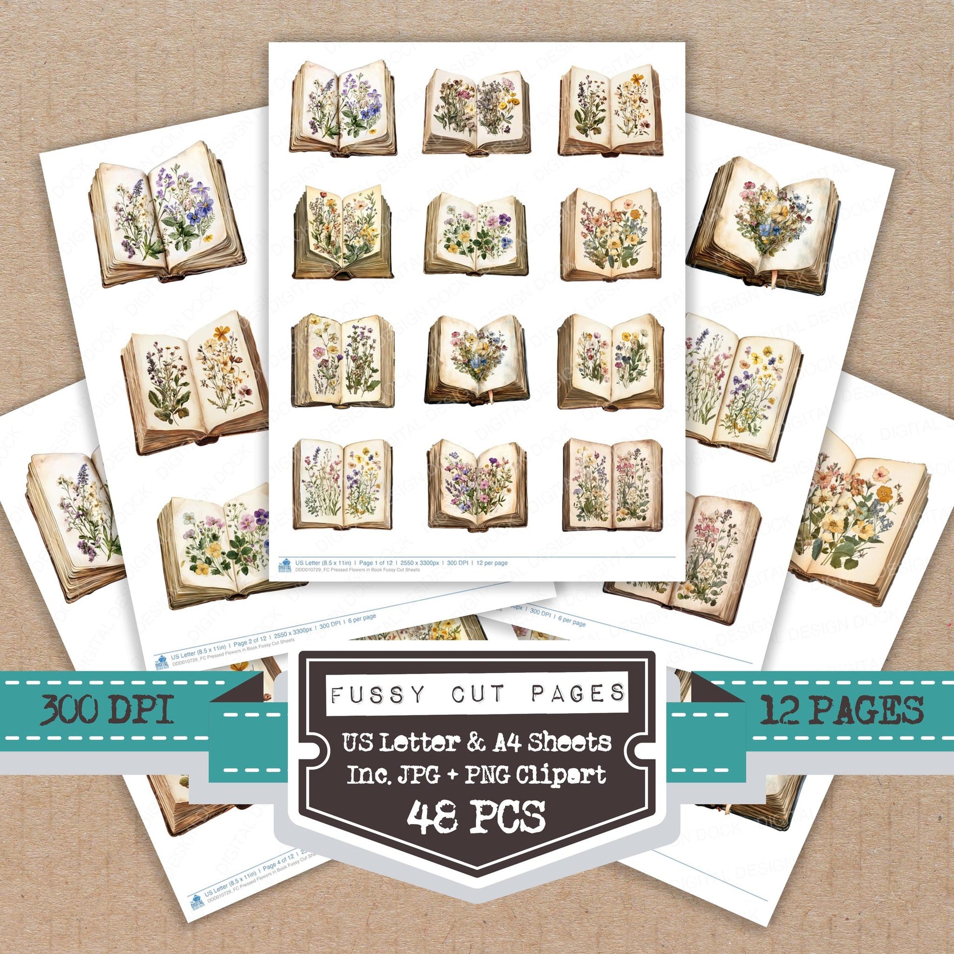 Pressed Flowers in Book fussy cut printable sheets for junk journaling, scrapbooking, and paper craft projects
