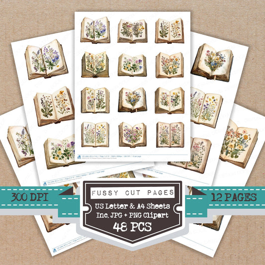 Pressed Flowers in Book fussy cut printable sheets for junk journaling, scrapbooking, and paper craft projects