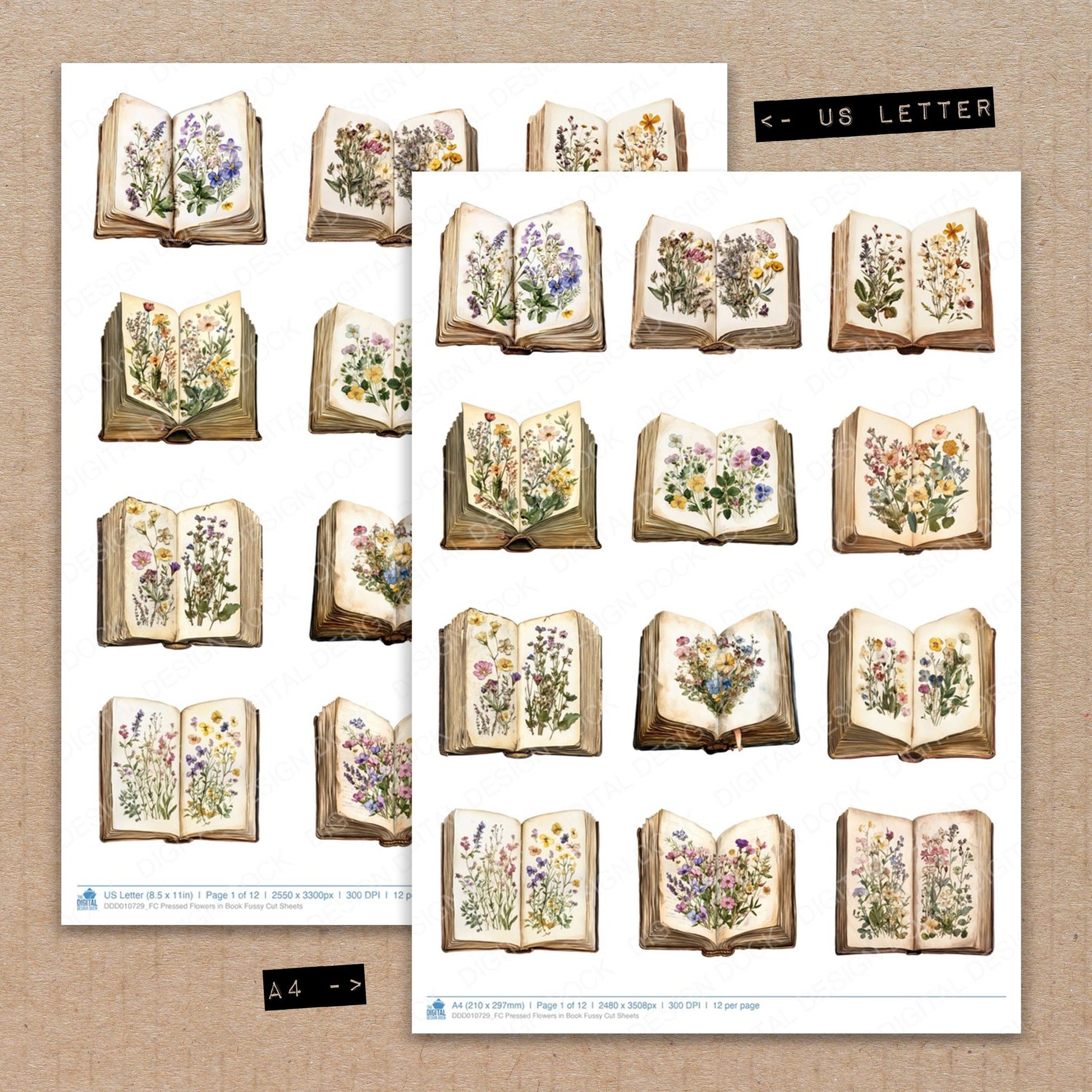 A4 and US Letter format comparison showing Pressed Flowers in Book fussy cut pages for print and cut crafting