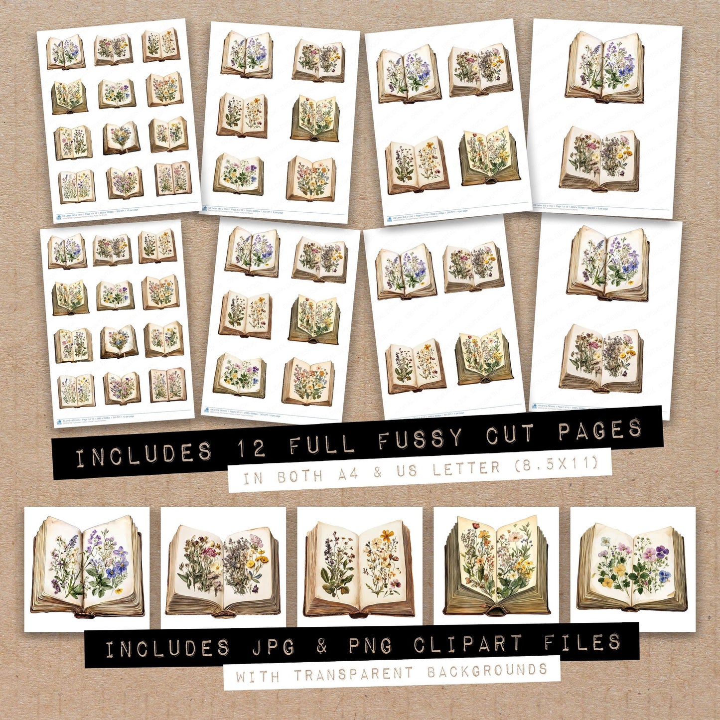 Full collection view of Pressed Flowers in Book fussy cut sheets with bonus clipart JPG and PNG files