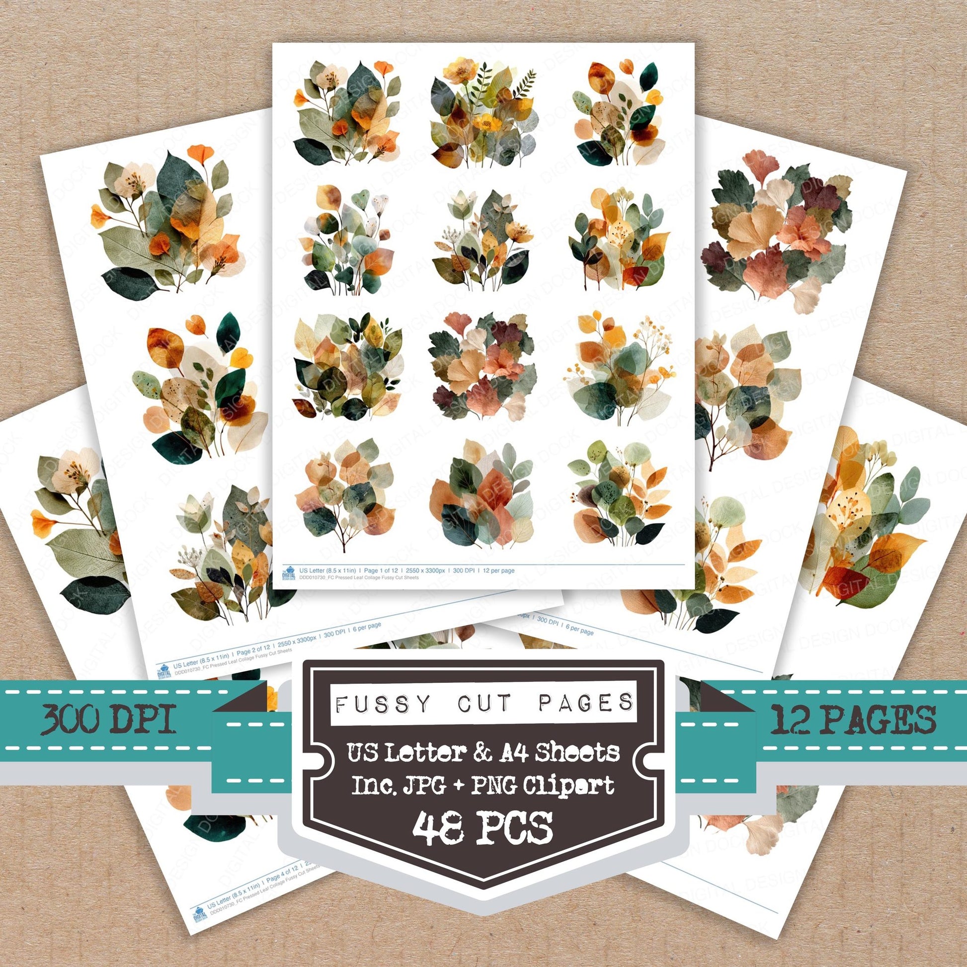 Pressed Leaf Collage fussy cut printable sheets for junk journaling, scrapbooking, and paper craft projects