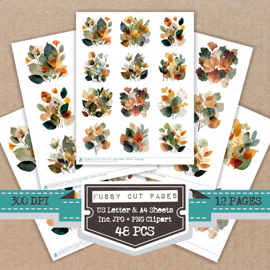 Pressed Leaf Collage fussy cut printable sheets for junk journaling, scrapbooking, and paper craft projects