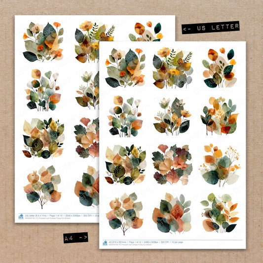 A4 and US Letter format comparison showing Pressed Leaf Collage fussy cut pages for print and cut crafting