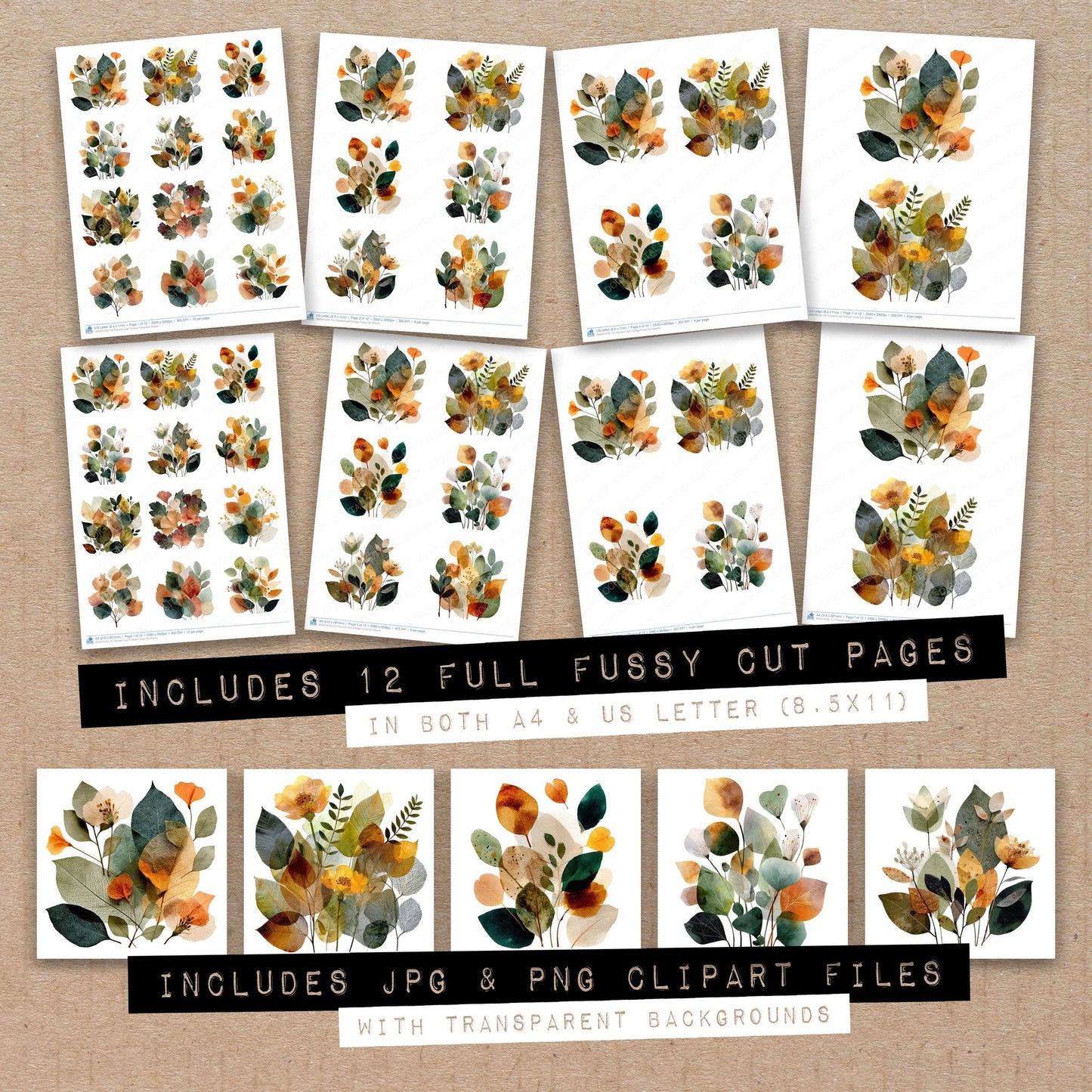 Full collection view of Pressed Leaf Collage fussy cut sheets with bonus clipart JPG and PNG files