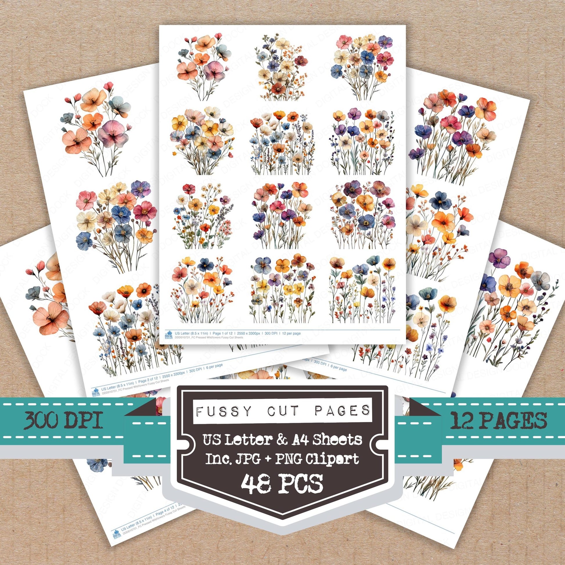 Pressed Wildflowers fussy cut printable sheets for junk journaling, scrapbooking, and paper craft projects