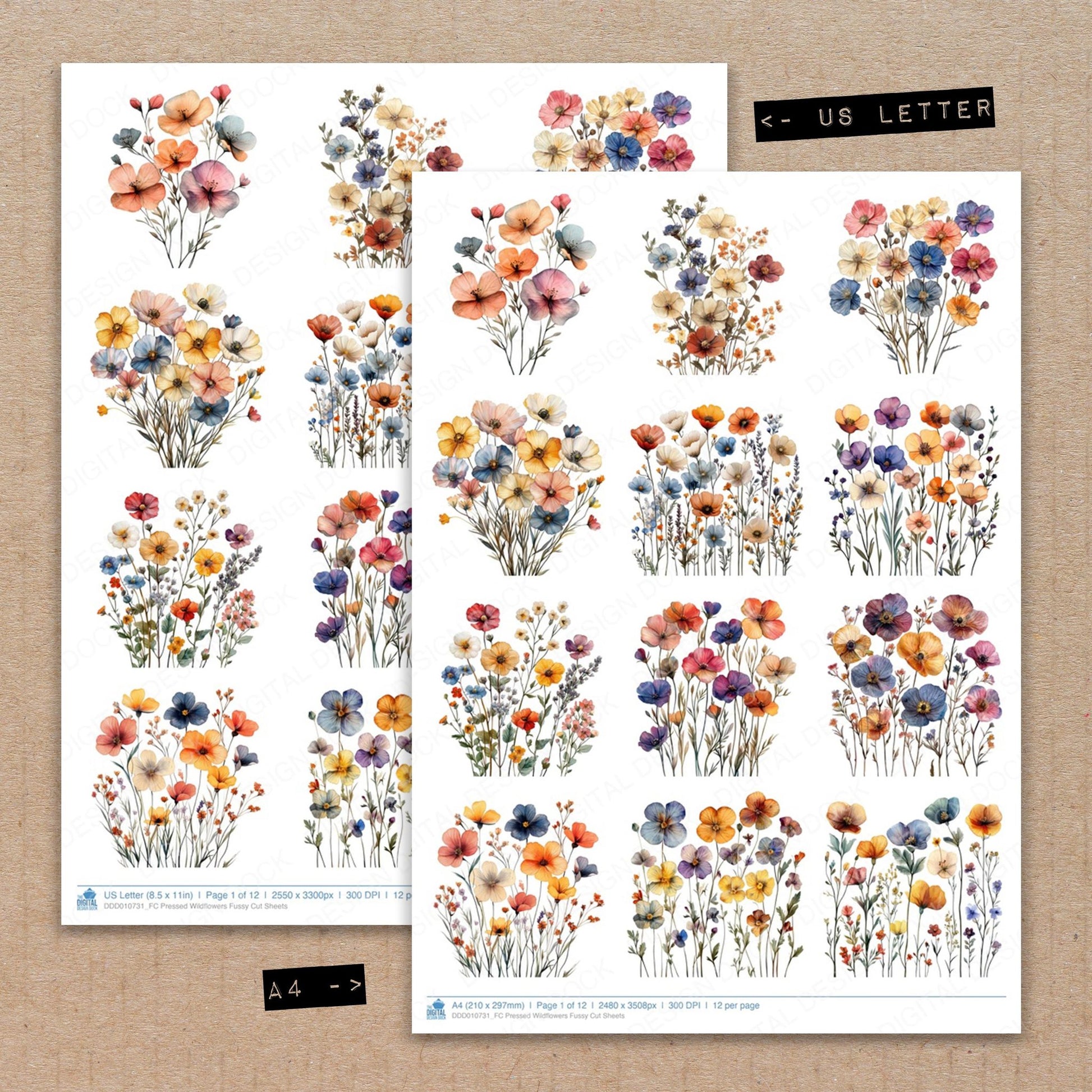 A4 and US Letter format comparison showing Pressed Wildflowers fussy cut pages for print and cut crafting