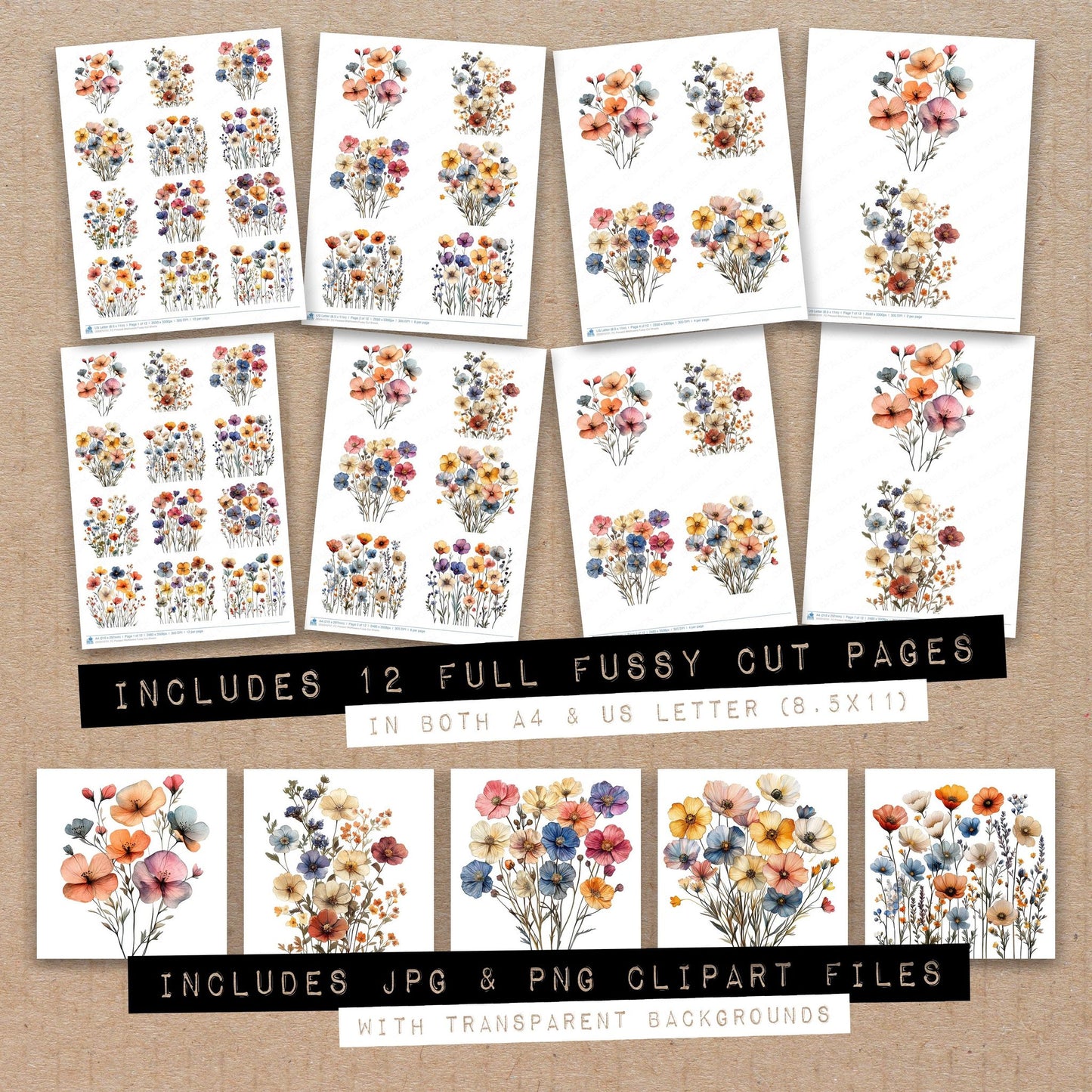 Full collection view of Pressed Wildflowers fussy cut sheets with bonus clipart JPG and PNG files