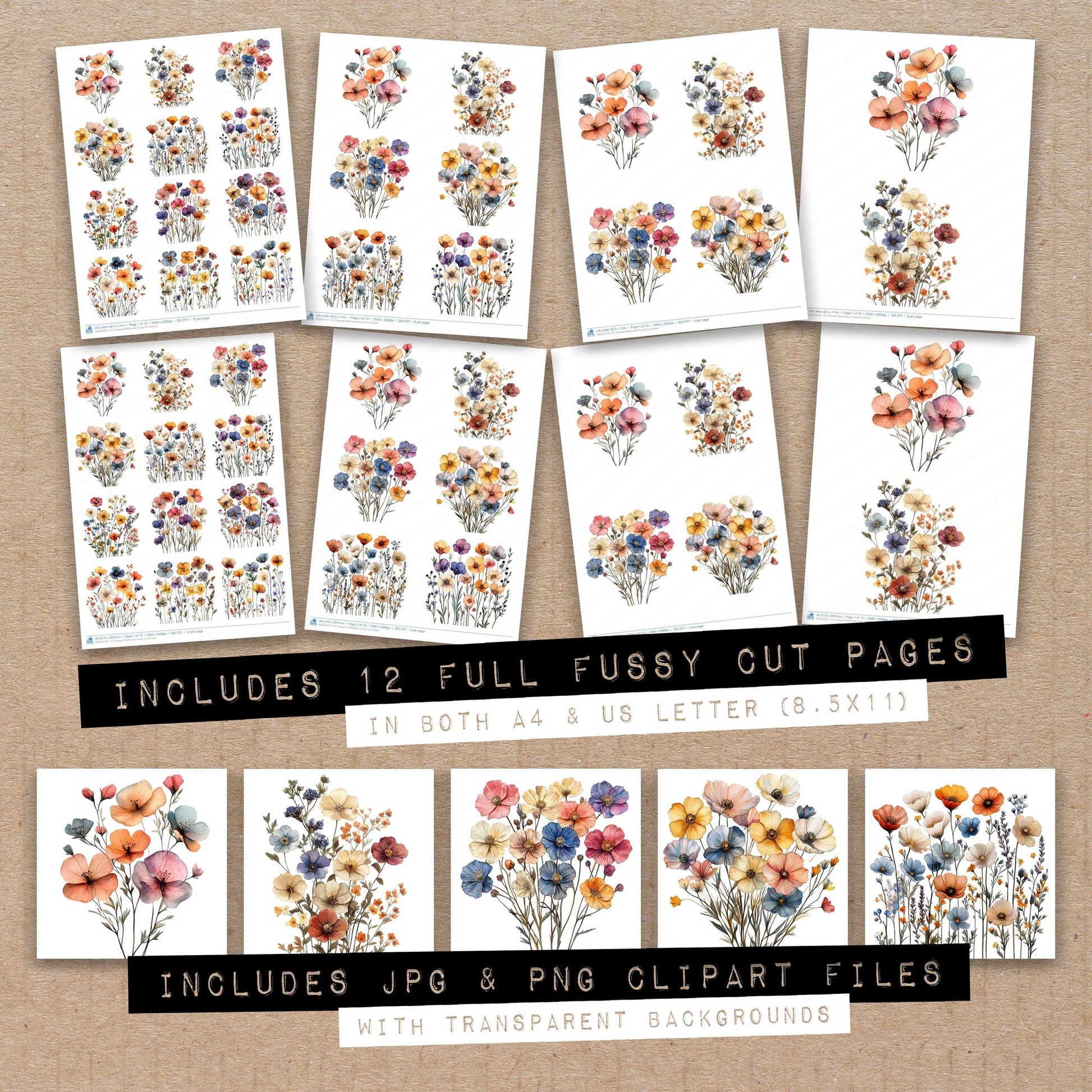 Full collection view of Pressed Wildflowers fussy cut sheets with bonus clipart JPG and PNG files