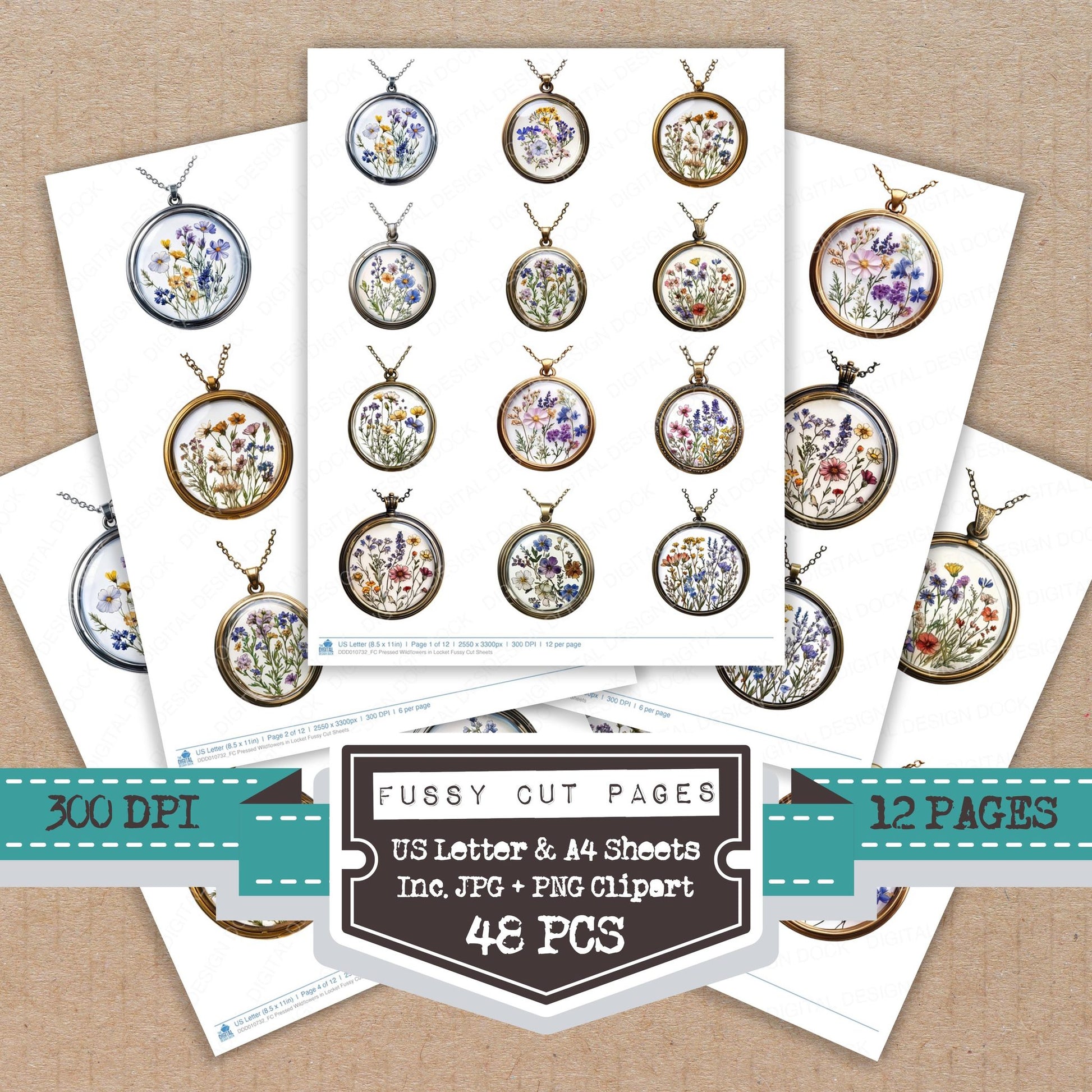Pressed Wildflowers in Locket fussy cut printable sheets for junk journaling, scrapbooking, and paper craft projects
