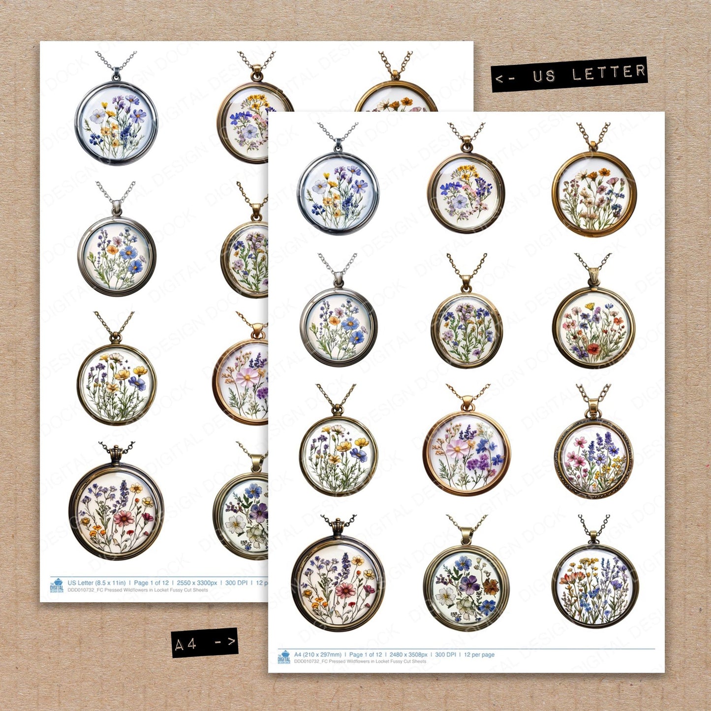 A4 and US Letter format comparison showing Pressed Wildflowers in Locket fussy cut pages for print and cut crafting