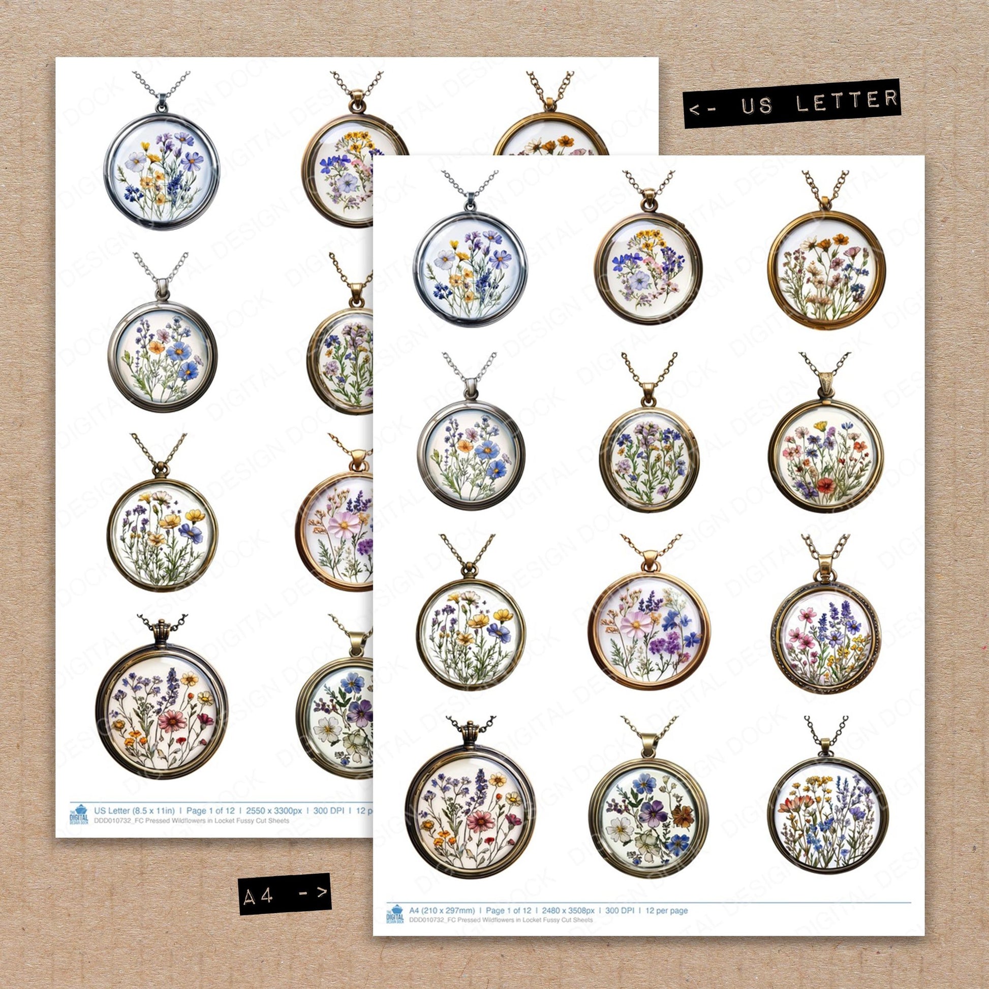 A4 and US Letter format comparison showing Pressed Wildflowers in Locket fussy cut pages for print and cut crafting