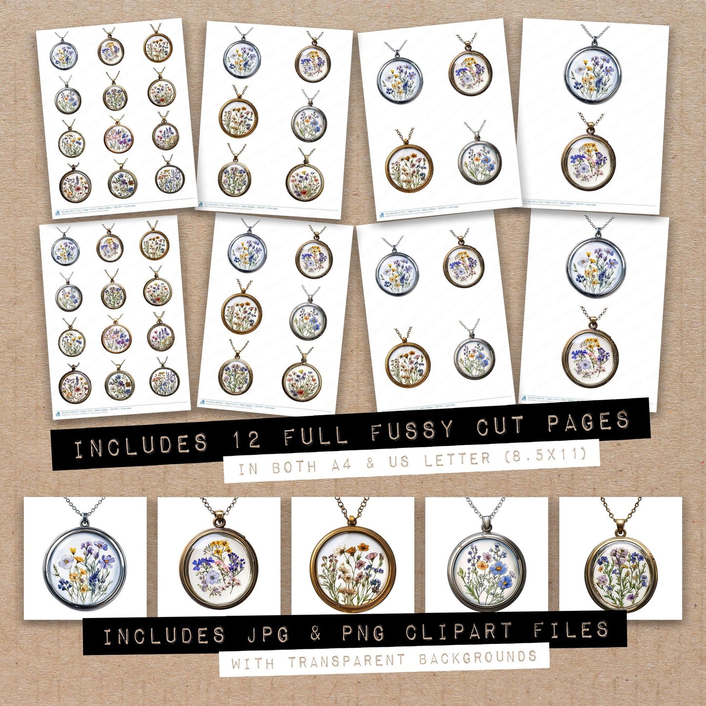 Full collection view of Pressed Wildflowers in Locket fussy cut sheets with bonus clipart JPG and PNG files