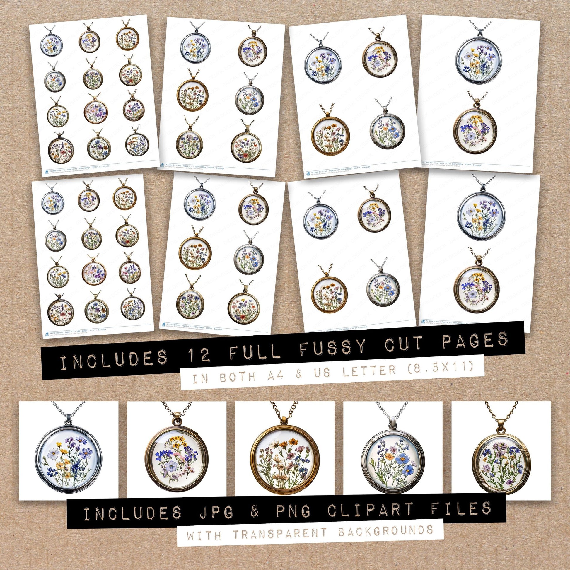 Full collection view of Pressed Wildflowers in Locket fussy cut sheets with bonus clipart JPG and PNG files
