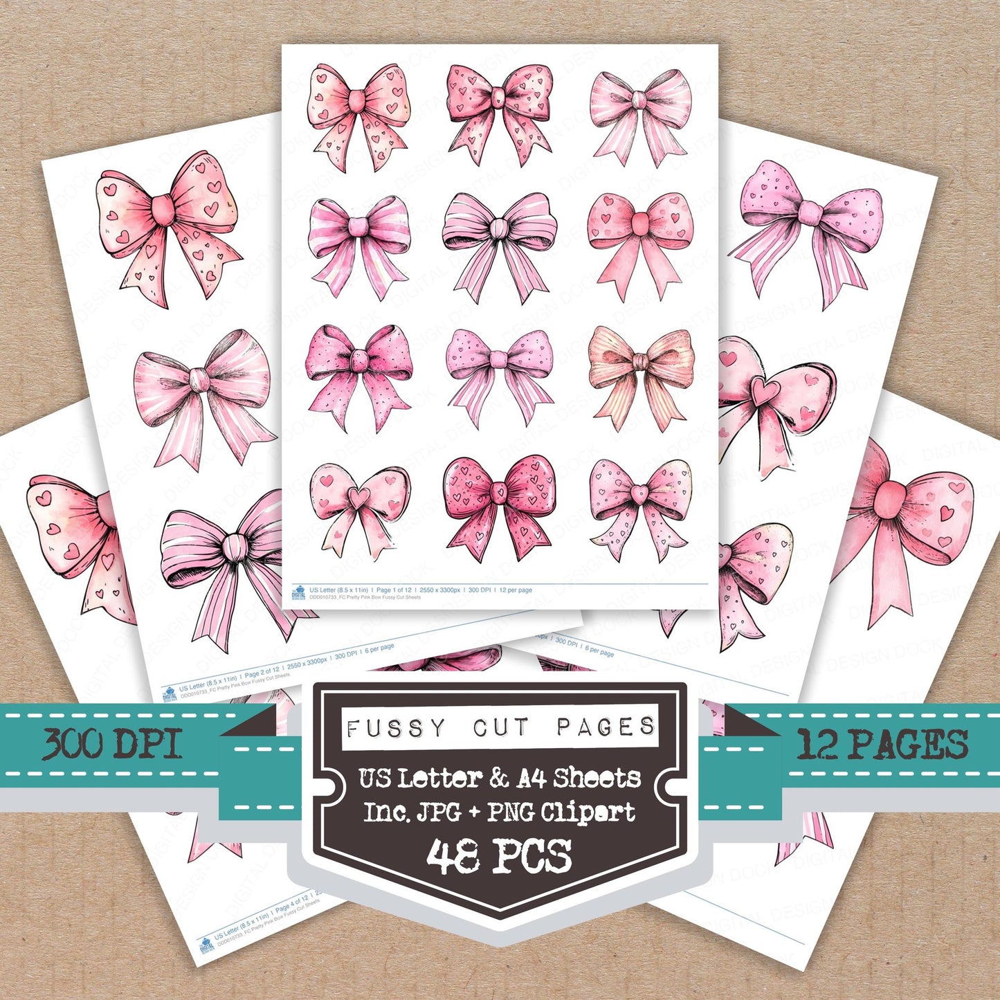 Pretty Pink Bow fussy cut printable sheets for junk journaling, scrapbooking, and paper craft projects