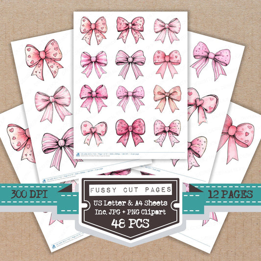 Pretty Pink Bow fussy cut printable sheets for junk journaling, scrapbooking, and paper craft projects