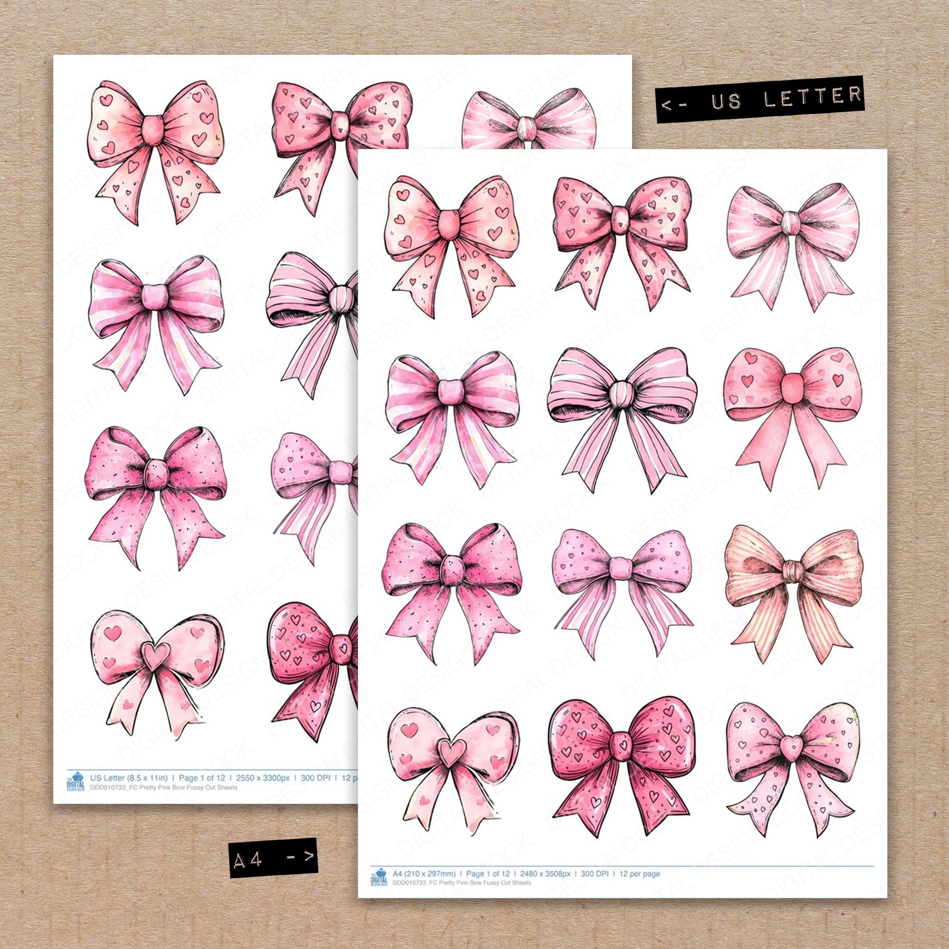 A4 and US Letter format comparison showing Pretty Pink Bow fussy cut pages for print and cut crafting