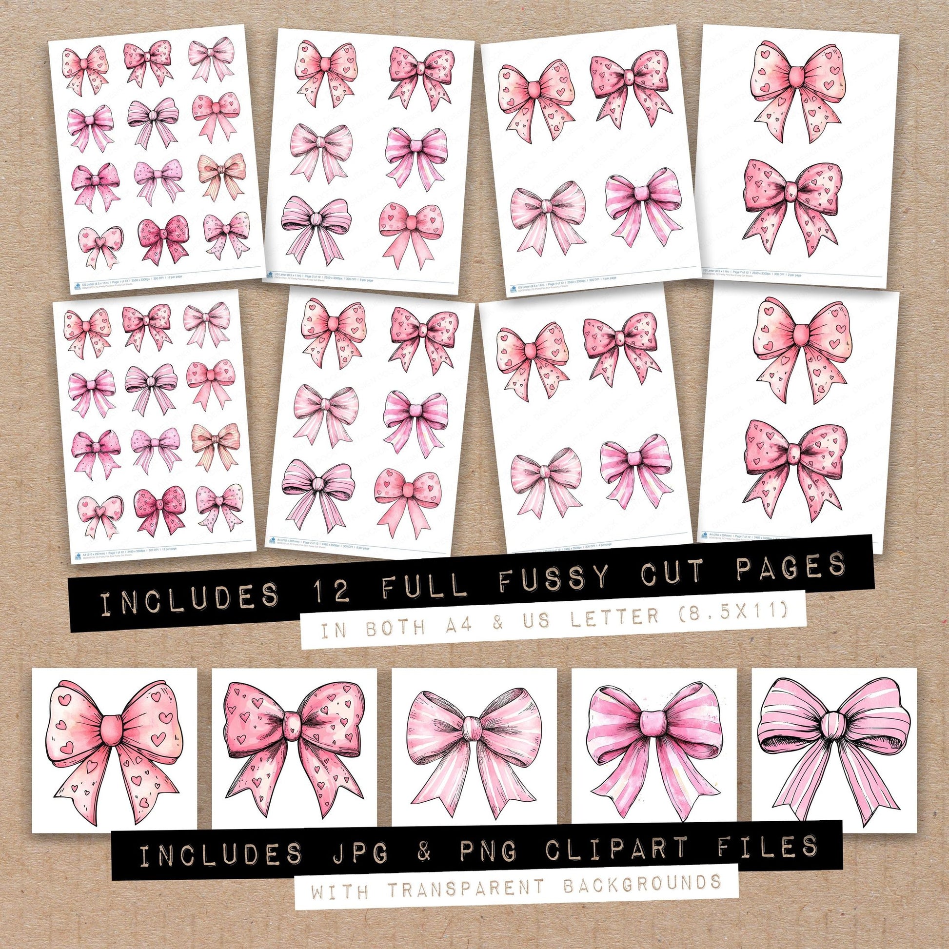 Full collection view of Pretty Pink Bow fussy cut sheets with bonus clipart JPG and PNG files