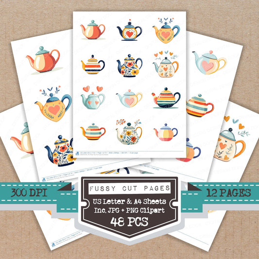 Pretty Tea Pot fussy cut printable sheets for junk journaling, scrapbooking, and paper craft projects