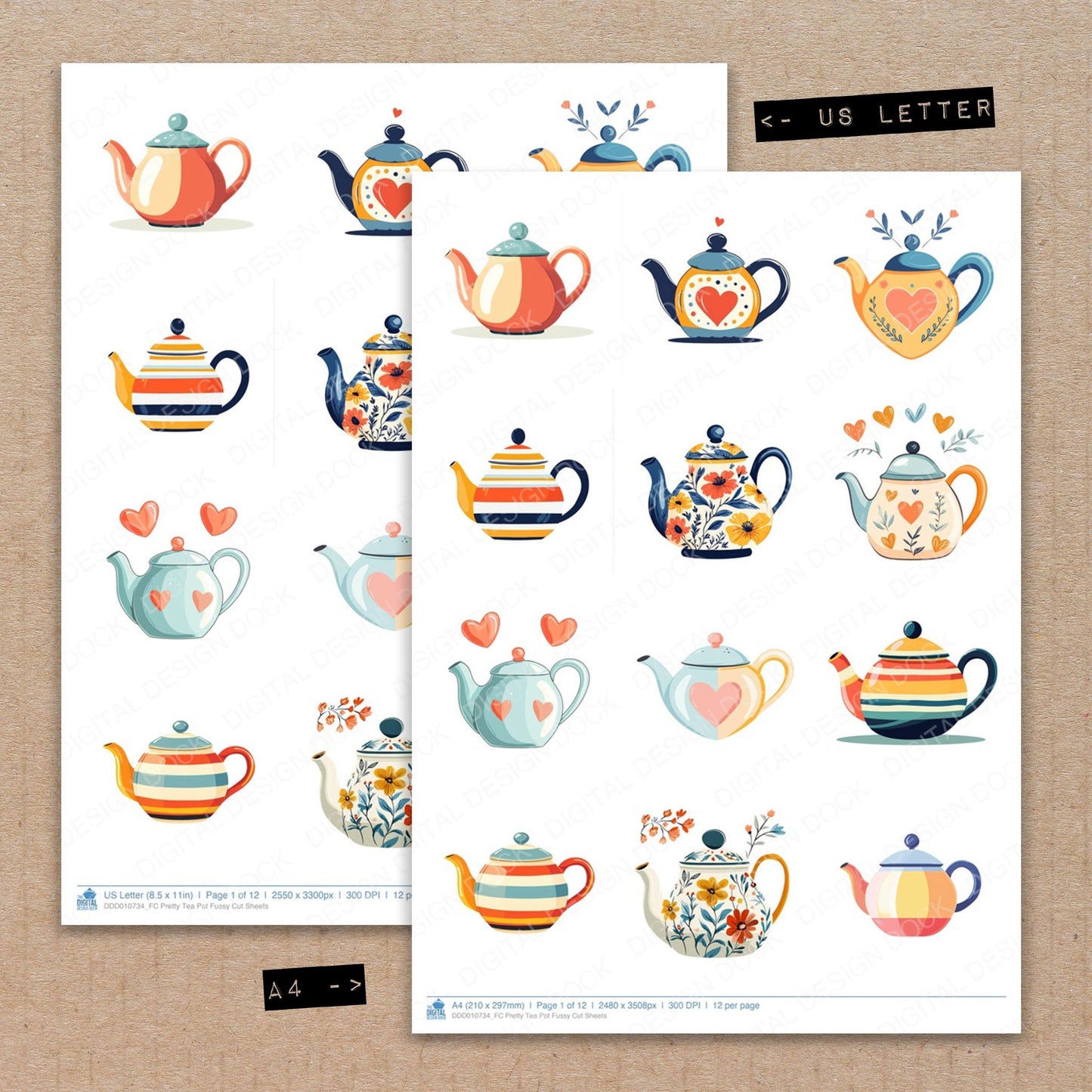 A4 and US Letter format comparison showing Pretty Tea Pot fussy cut pages for print and cut crafting