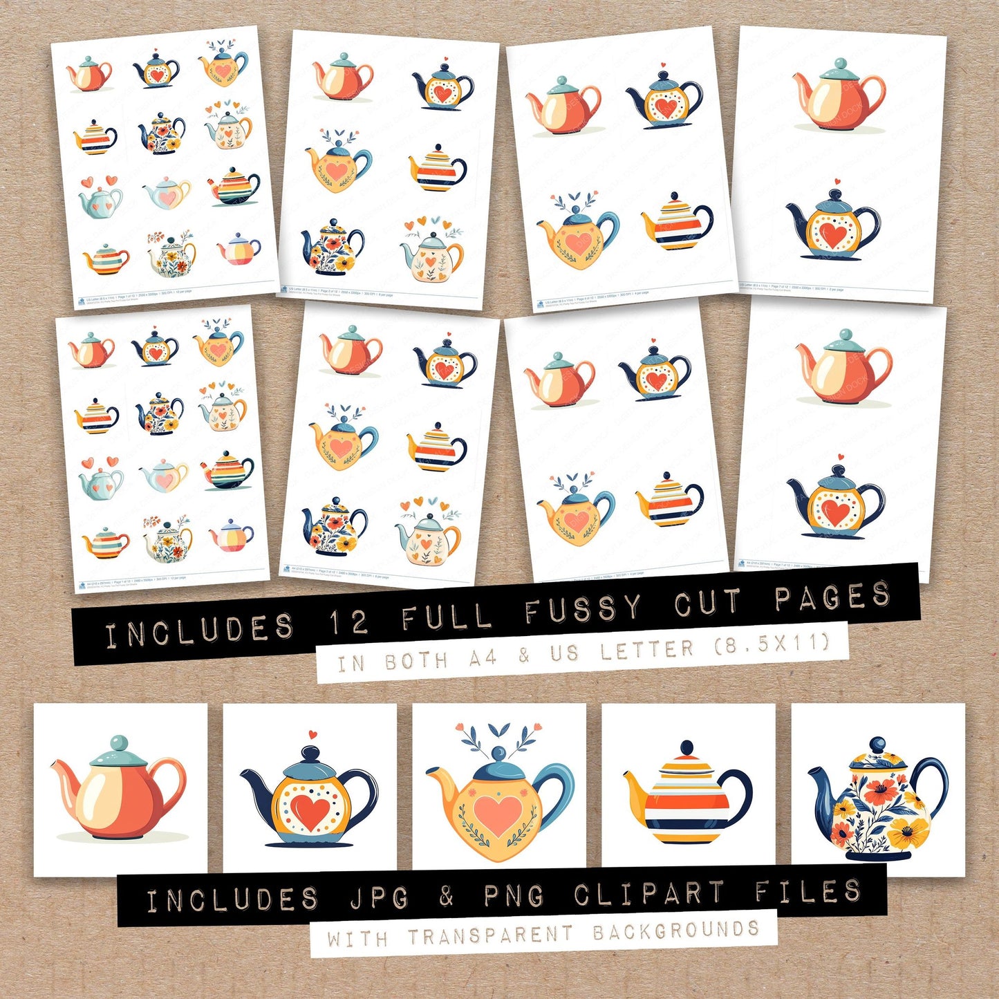Full collection view of Pretty Tea Pot fussy cut sheets with bonus clipart JPG and PNG files