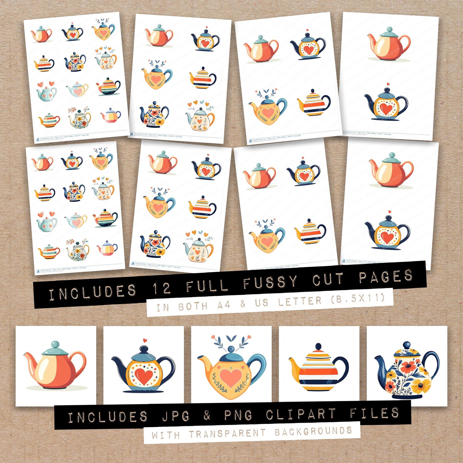 Full collection view of Pretty Tea Pot fussy cut sheets with bonus clipart JPG and PNG files