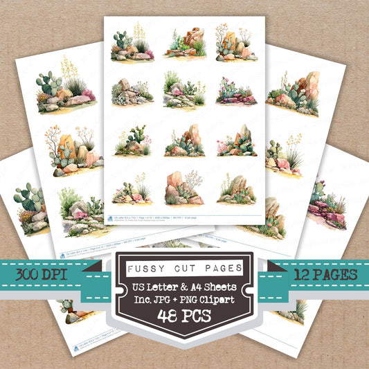 Prickly Pear Desert Rockery fussy cut printable sheets for junk journaling, scrapbooking, and paper craft projects