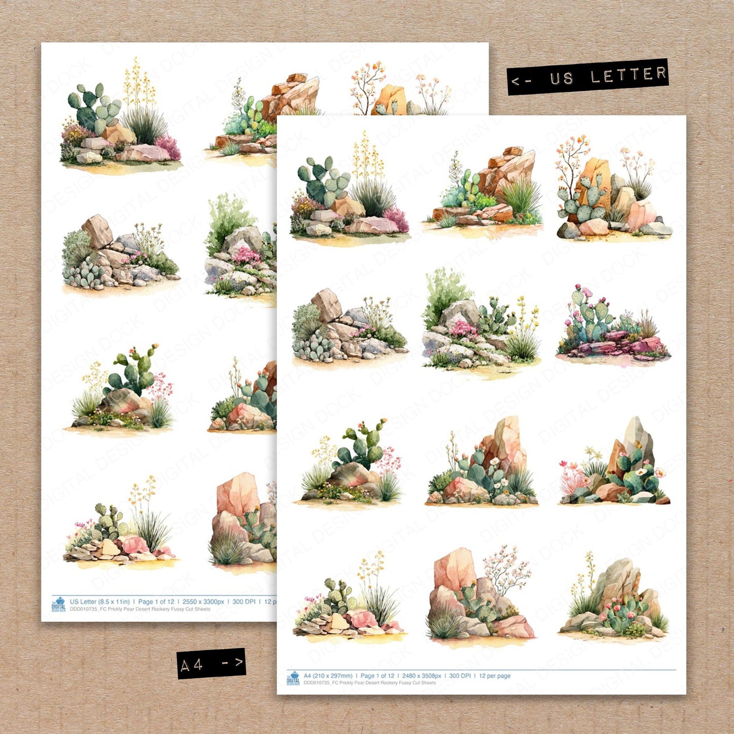 A4 and US Letter format comparison showing Prickly Pear Desert Rockery fussy cut pages for print and cut crafting