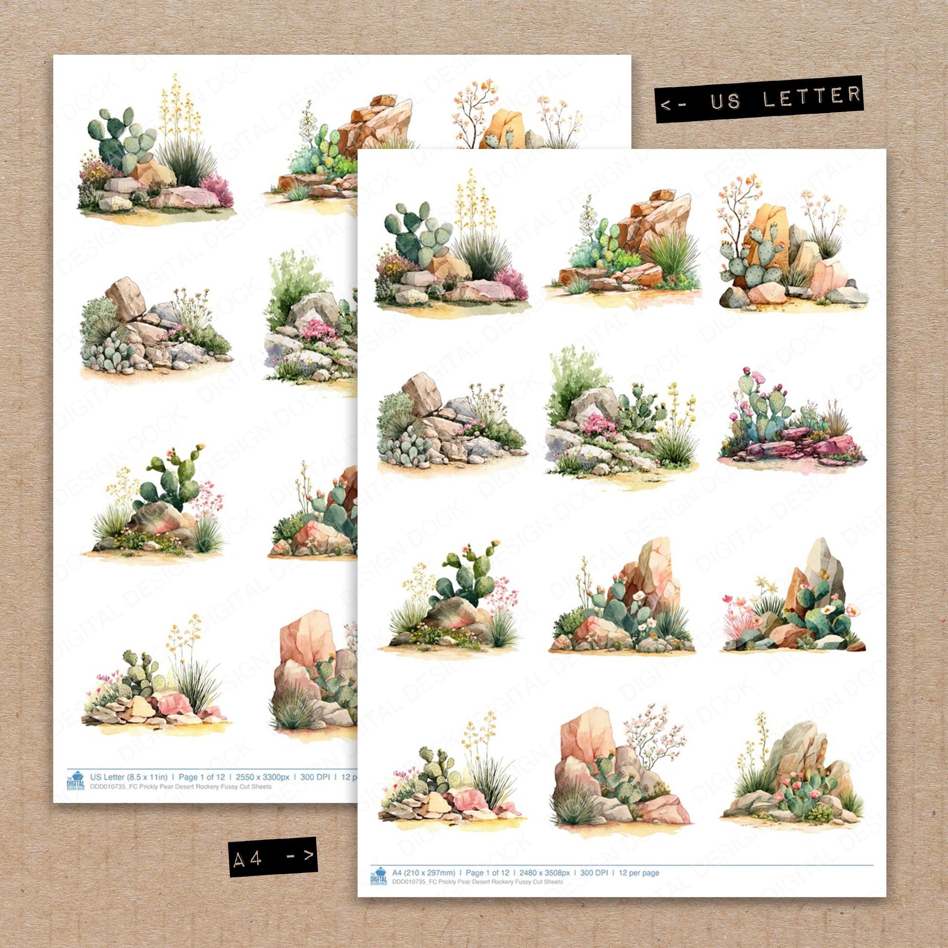 A4 and US Letter format comparison showing Prickly Pear Desert Rockery fussy cut pages for print and cut crafting
