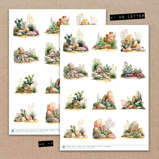 A4 and US Letter format comparison showing Prickly Pear Desert Rockery fussy cut pages for print and cut crafting