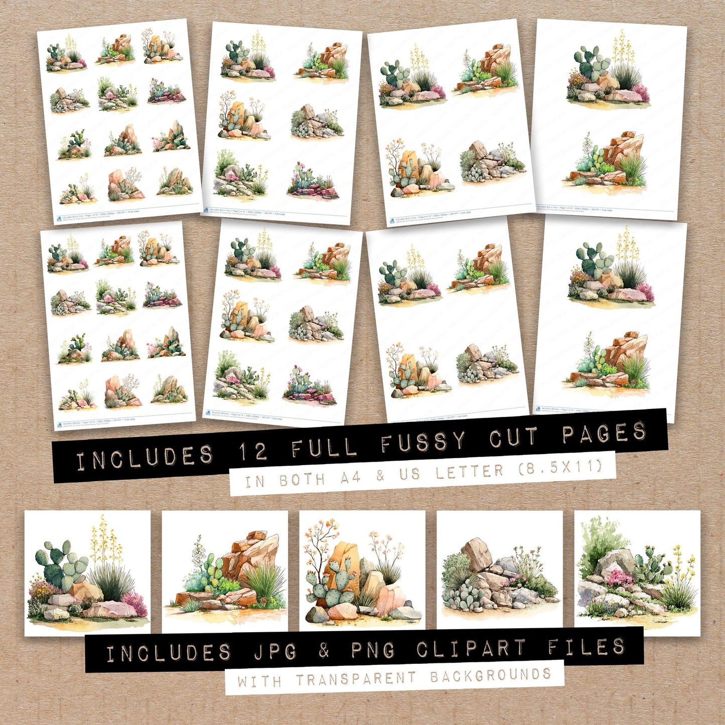 Full collection view of Prickly Pear Desert Rockery fussy cut sheets with bonus clipart JPG and PNG files