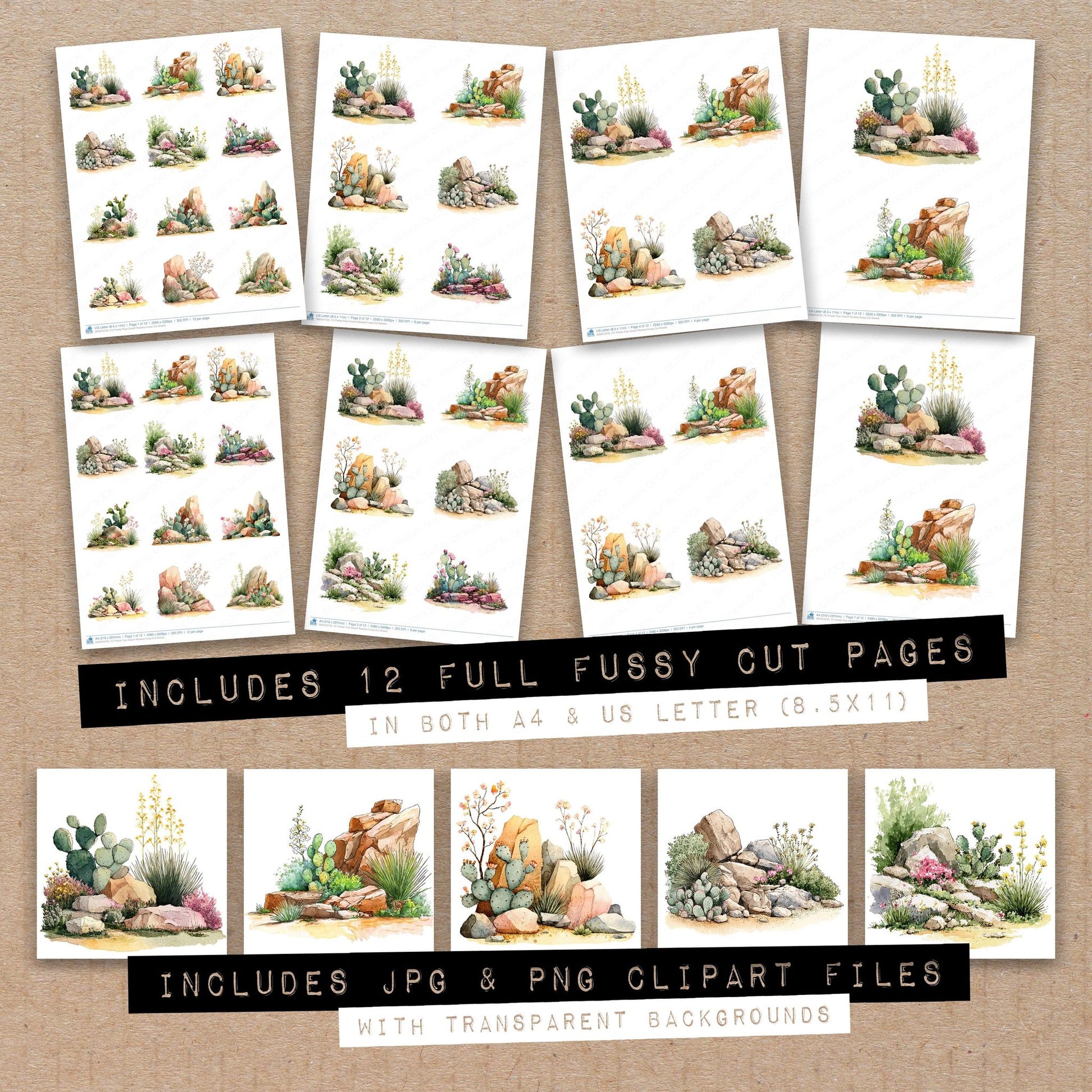 Full collection view of Prickly Pear Desert Rockery fussy cut sheets with bonus clipart JPG and PNG files