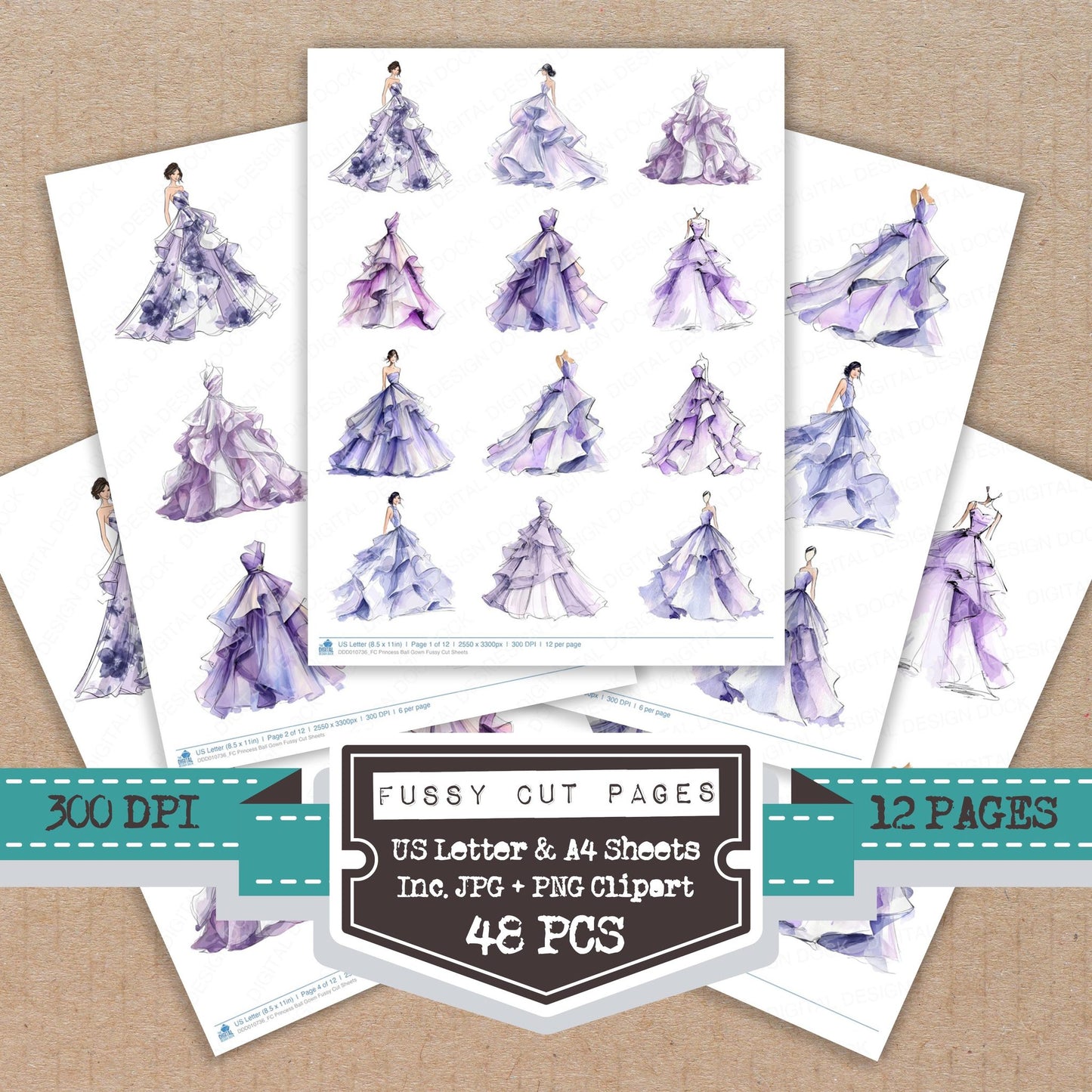 Princess Ball Gown fussy cut printable sheets for junk journaling, scrapbooking, and paper craft projects