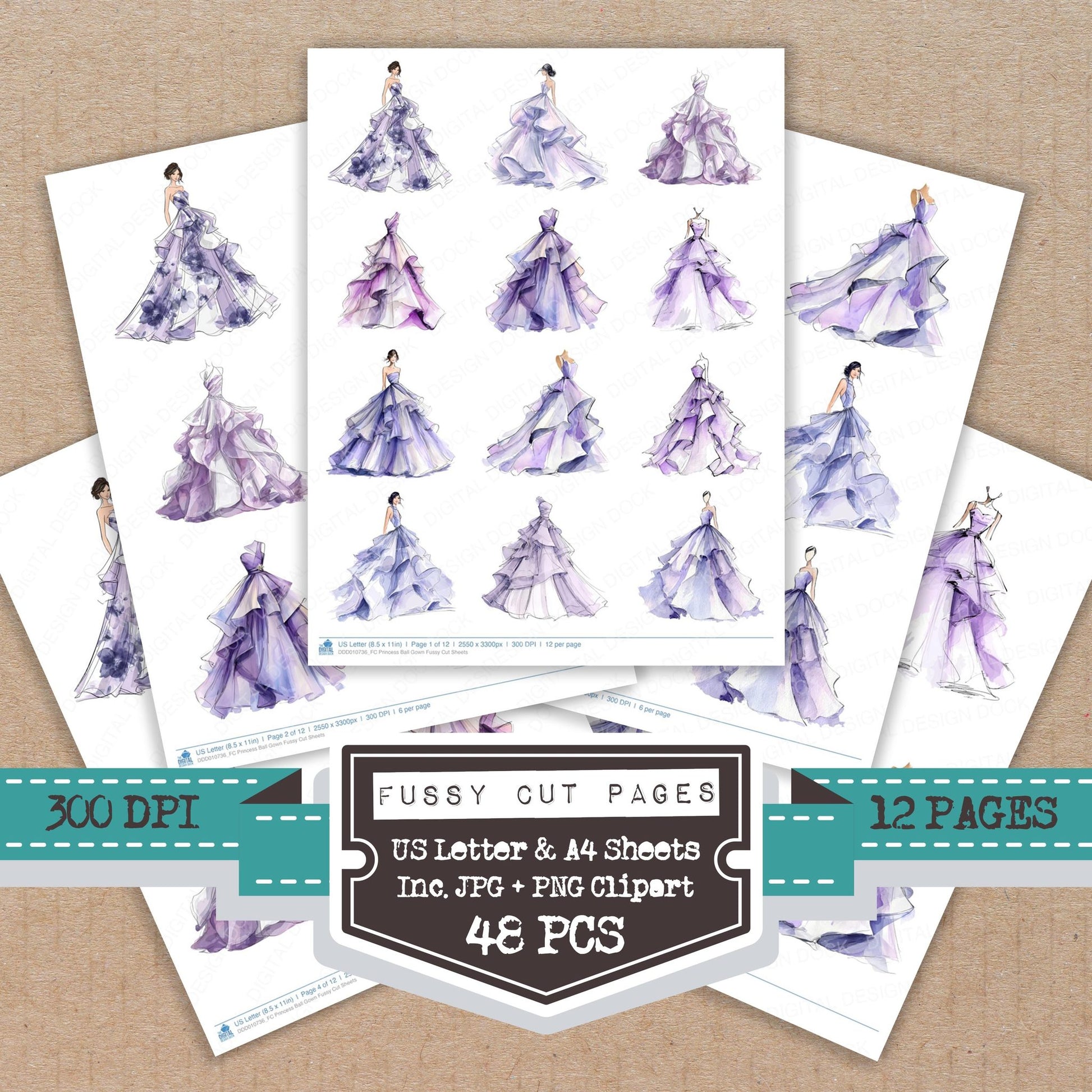 Princess Ball Gown fussy cut printable sheets for junk journaling, scrapbooking, and paper craft projects