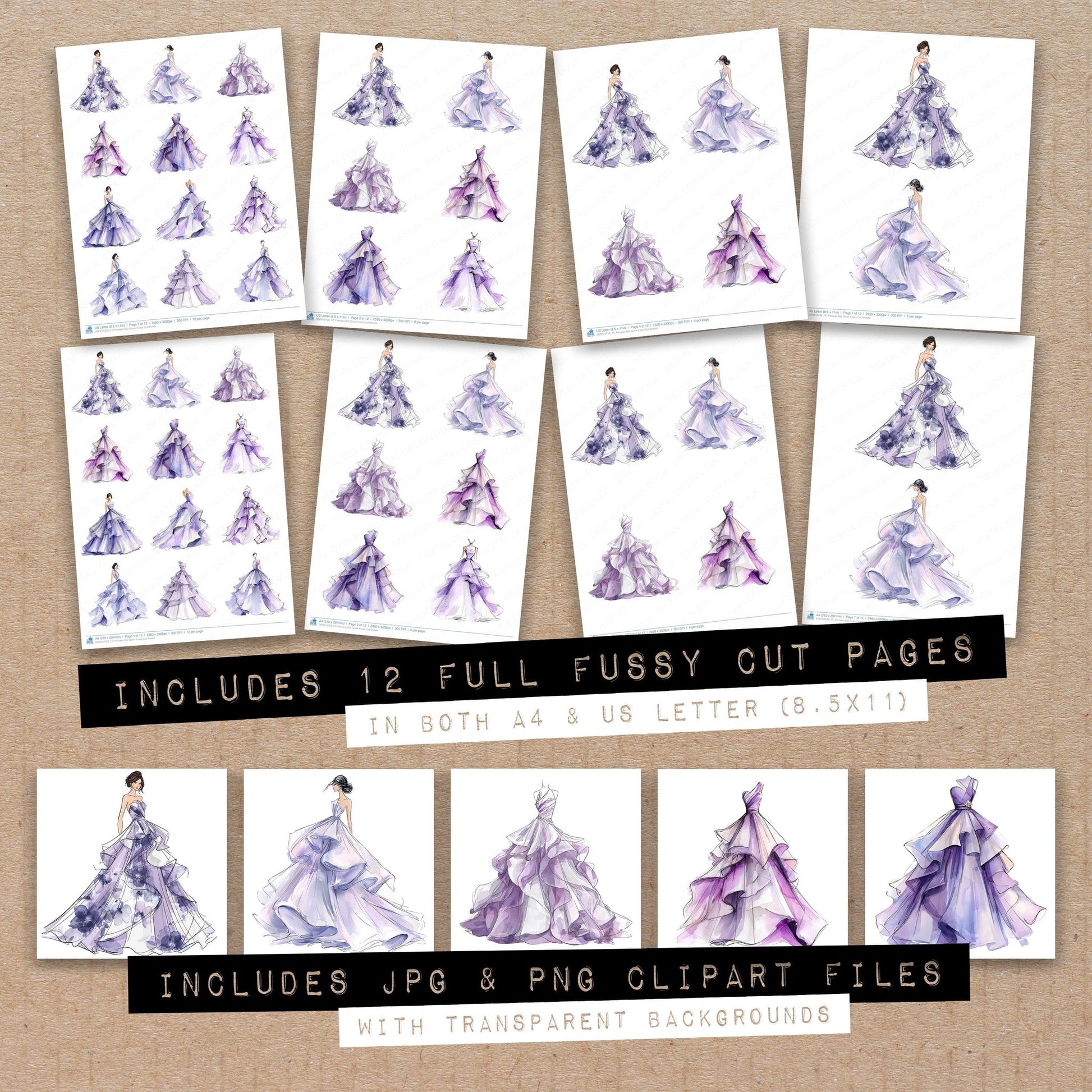 Full collection view of Princess Ball Gown fussy cut sheets with bonus clipart JPG and PNG files