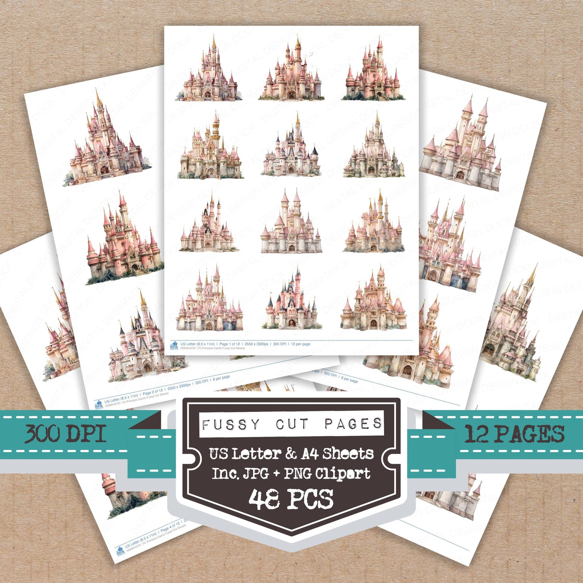 Princess Castle fussy cut printable sheets for junk journaling, scrapbooking, and paper craft projects