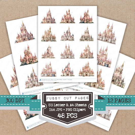 Princess Castle fussy cut printable sheets for junk journaling, scrapbooking, and paper craft projects
