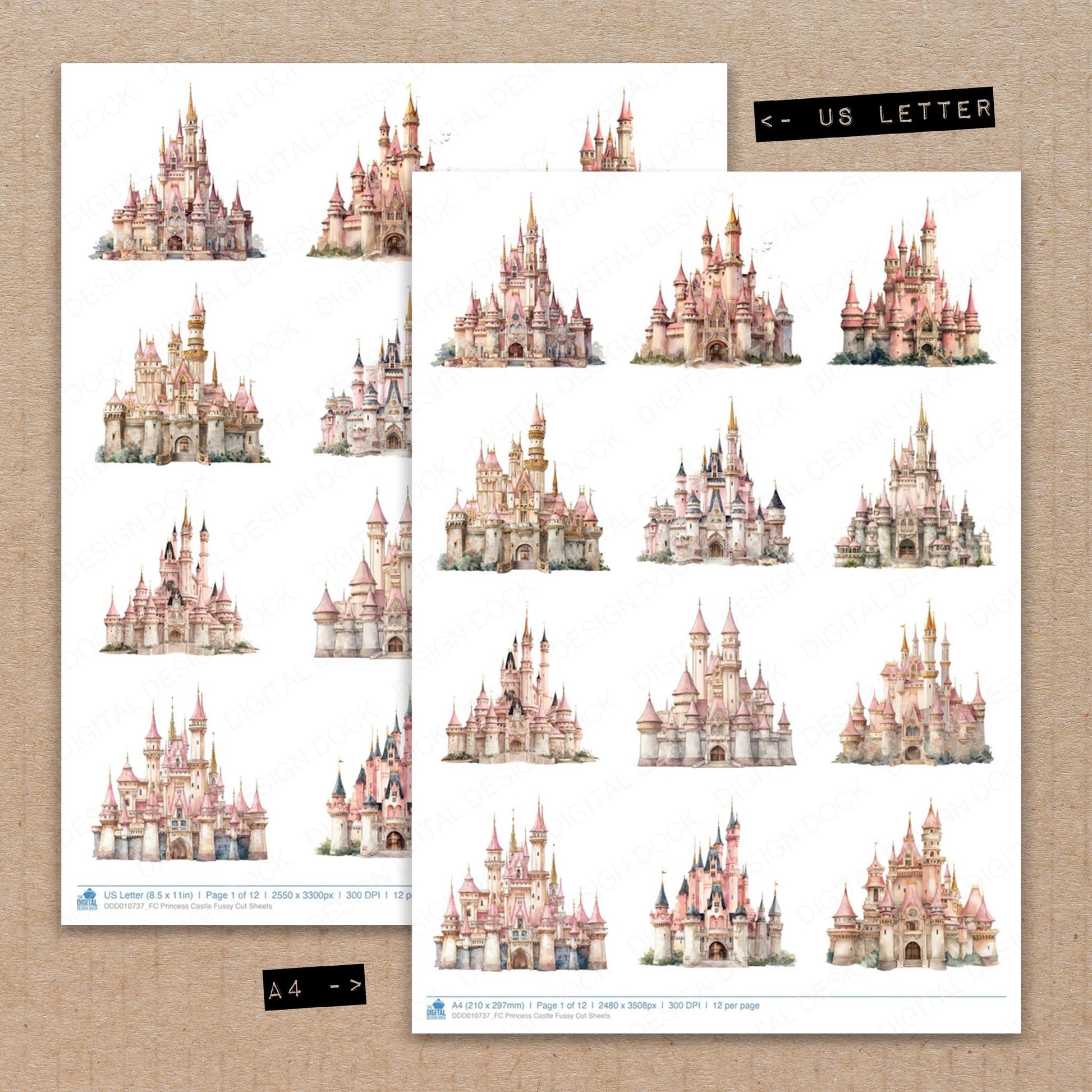 A4 and US Letter format comparison showing Princess Castle fussy cut pages for print and cut crafting