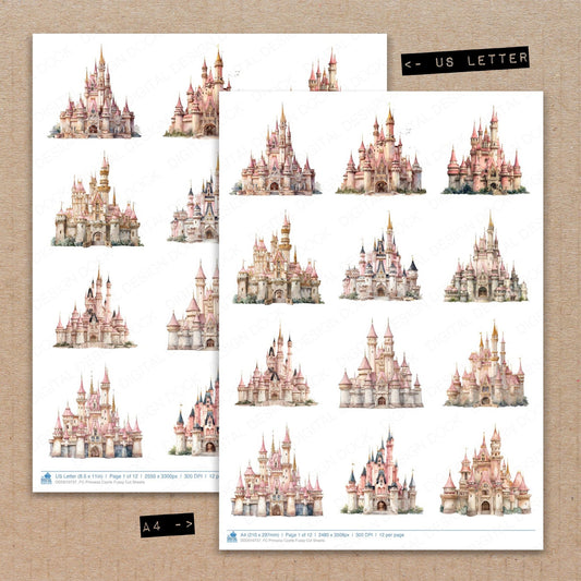 A4 and US Letter format comparison showing Princess Castle fussy cut pages for print and cut crafting