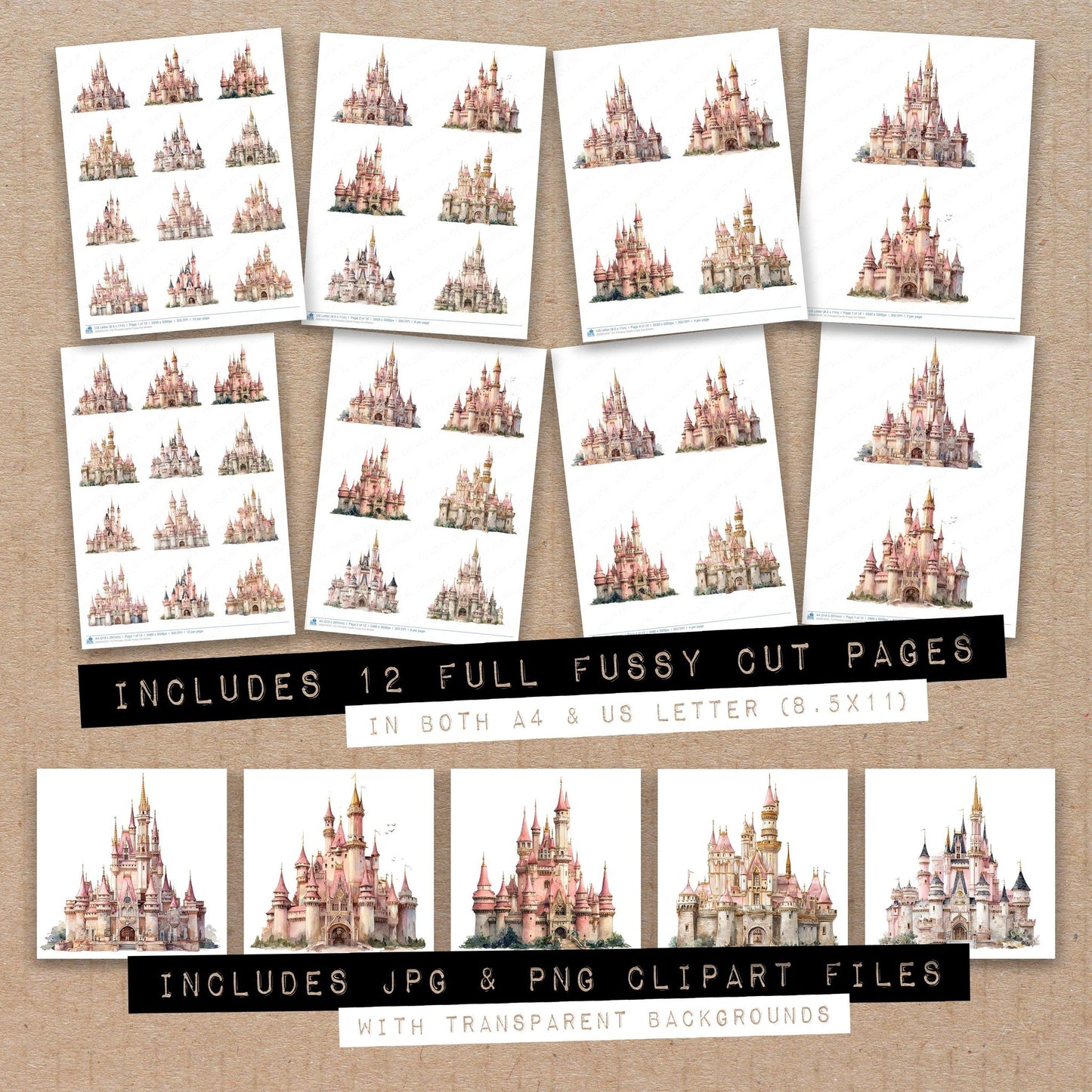 Full collection view of Princess Castle fussy cut sheets with bonus clipart JPG and PNG files
